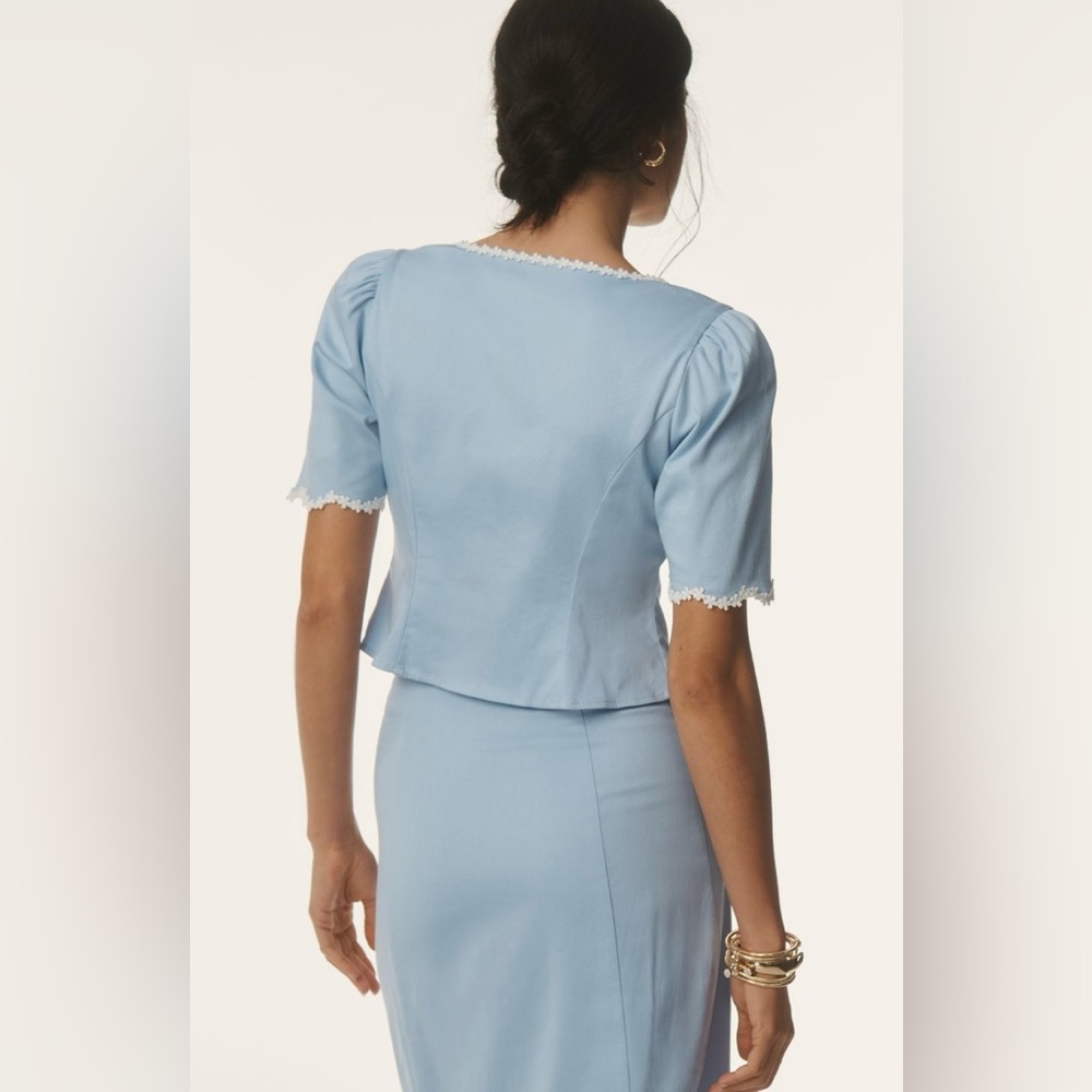 NWOT Anthropologie Maeve Light Blue Scoop-Neck Lace-Trim Blouse - Picture 2 of 4